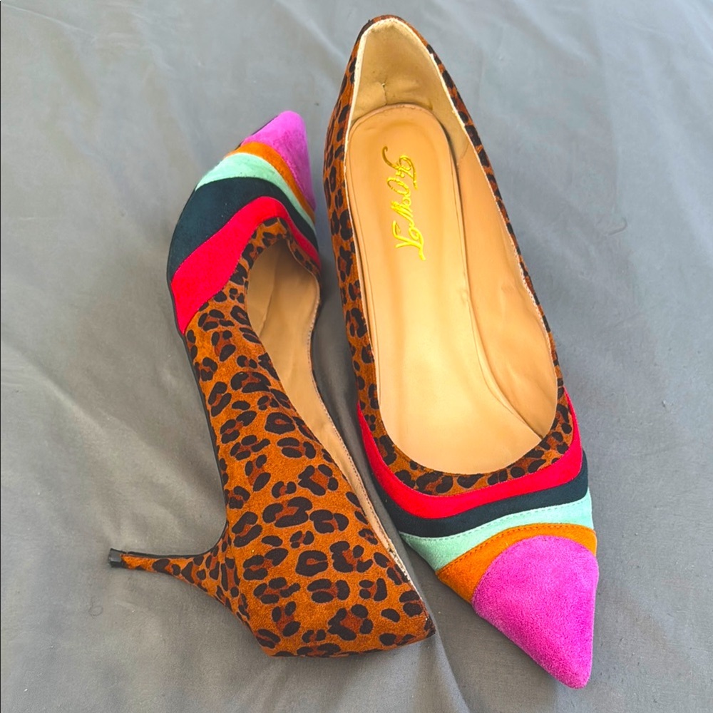 Leopard print with pink,burnt orange, mint, black & red on toe with kitten heel.